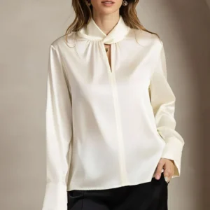 Luxe Ivory Tie-Neck Satin Blouse