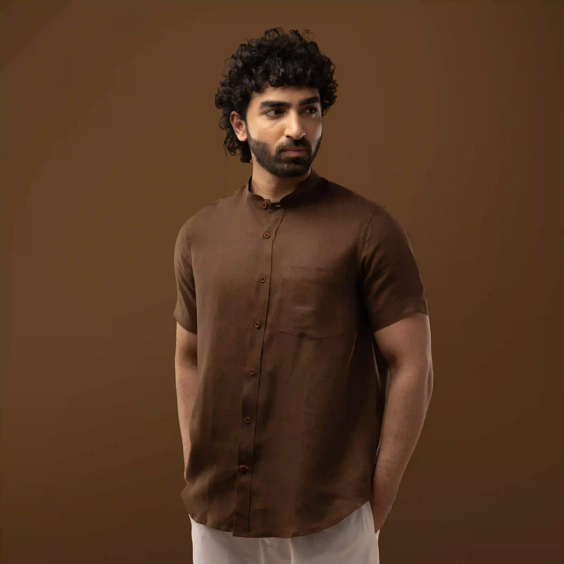 Cocoa Brown Mandarin Collar Shirt