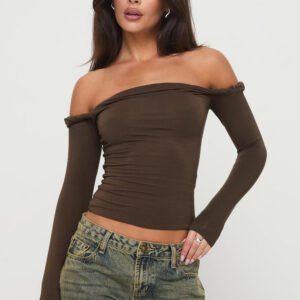 Brown Off-Shoulder Fitted Long Sleeve Top