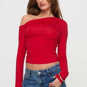 Red Asymmetric Shoulder Bodycon Top