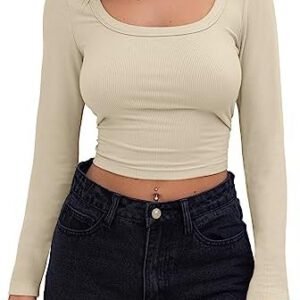 Beige Ribbed Long Sleeve Crop Top