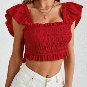 Red Smocked Ruffle Crop Top
