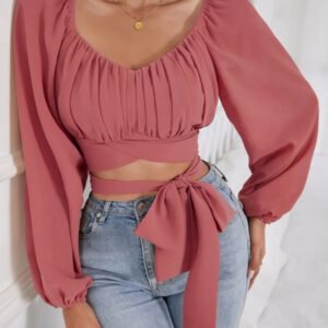Dusty Rose Tie-Waist Puff Sleeve Crop Top
