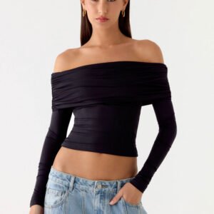 Black Off-Shoulder Ruched Long Sleeve Top
