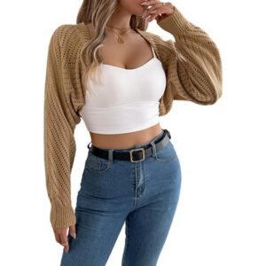 Beige Knit Shrug & White Crop Cami Set