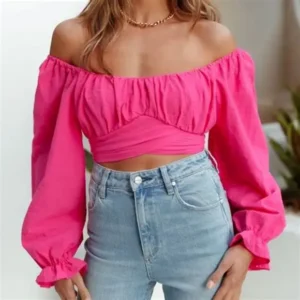 Pink Off-Shoulder Puff Sleeve Crop Top
